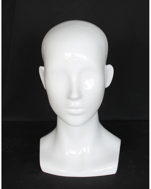 Compact featured-face female head mannequin in glossy white, MH53-GW