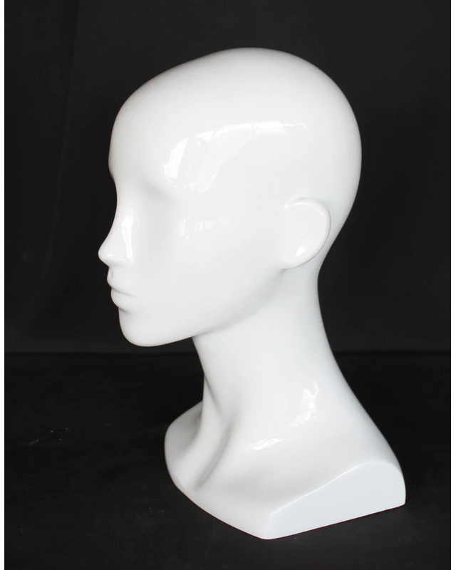 Compact featured-face female head mannequin in glossy white, MH53-GW