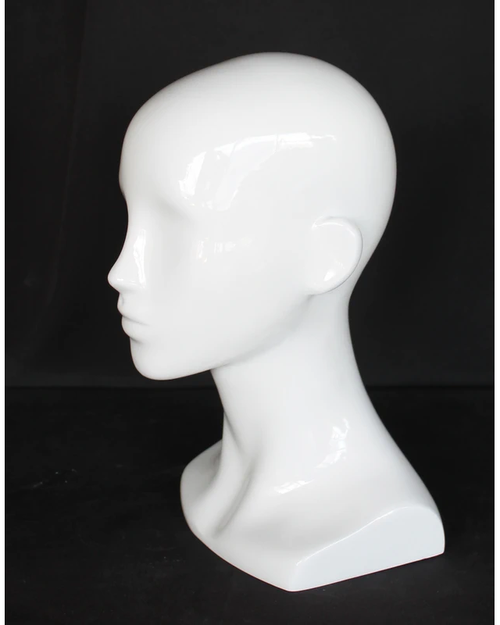 Compact featured-face female head mannequin in glossy white, MH53-GW