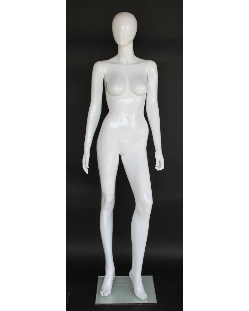 Runway-strut egghead female mannequin in glossy white