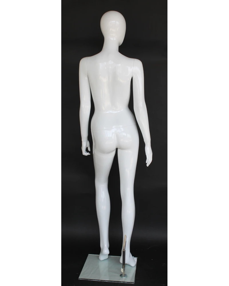 Runway-strut egghead female mannequin in glossy white