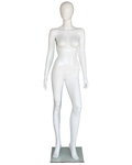 Runway-strut egghead female mannequin in glossy white, front view