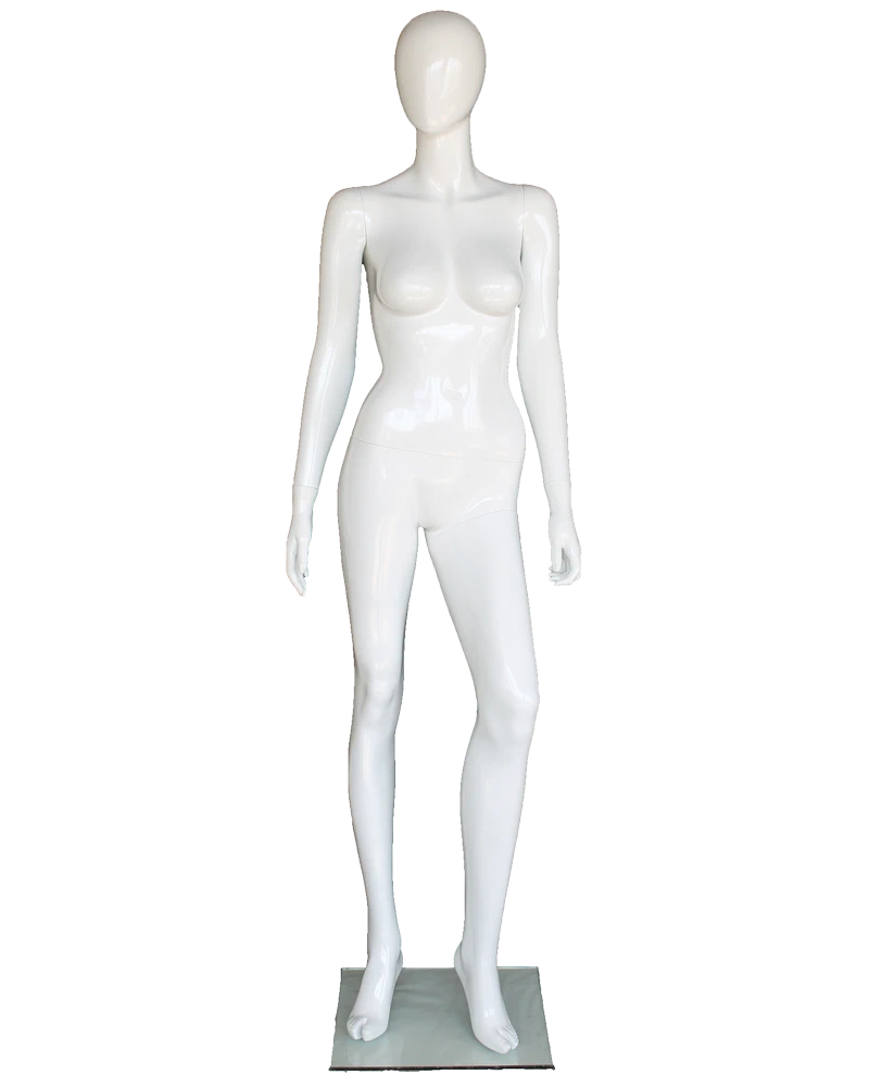 Runway-strut egghead female mannequin in glossy white, front view