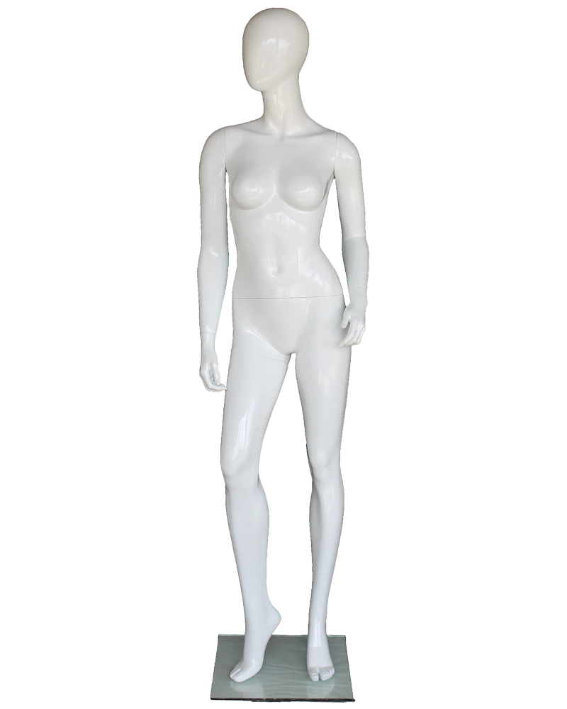 Graceful-pivot egghead female mannequin in glossy white, front view