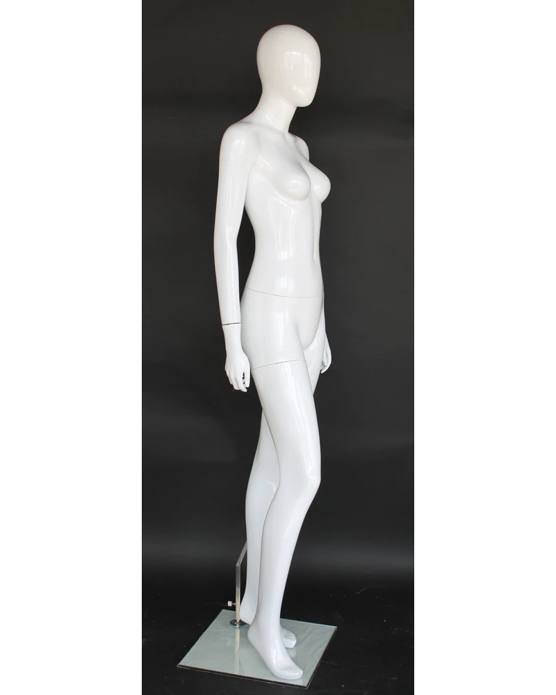 Side-lean crossed-leg egghead female mannequin in glossy white