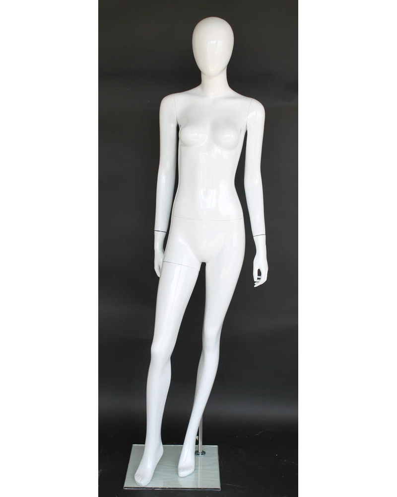 Side-lean crossed-leg egghead female mannequin in glossy white