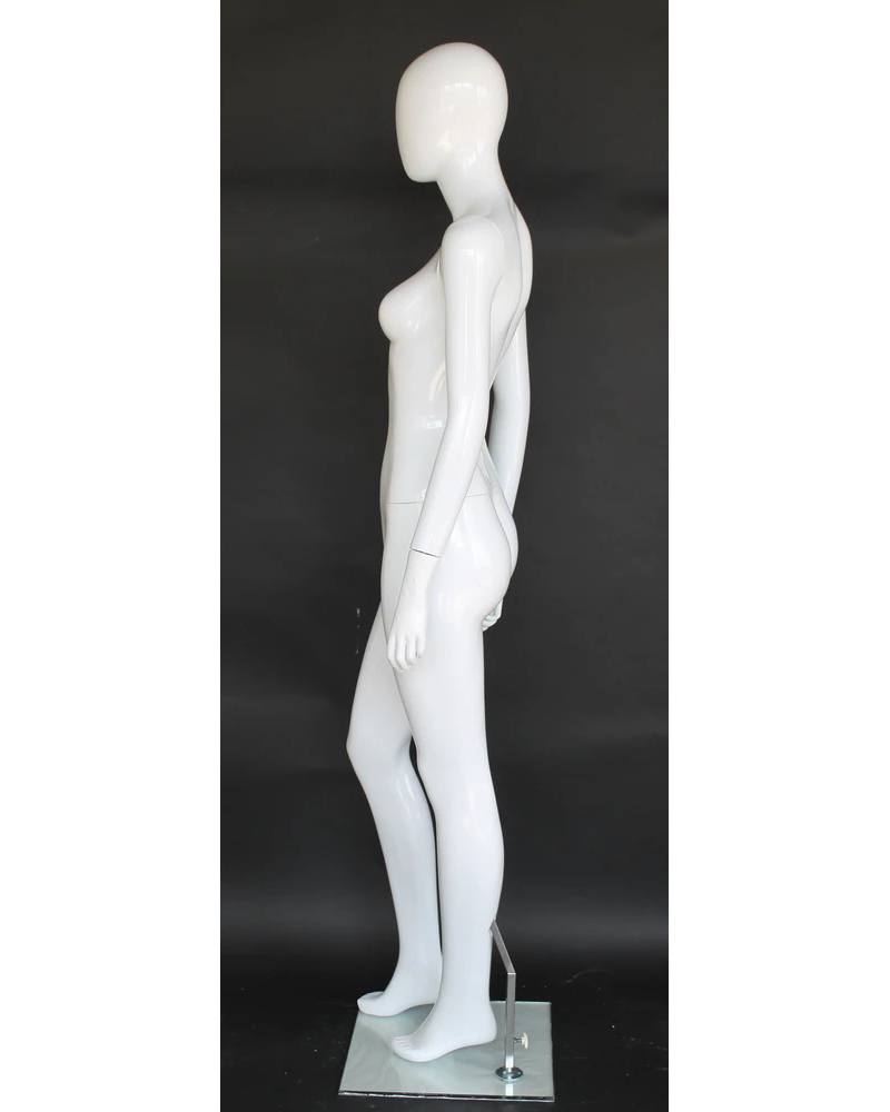 Side-lean crossed-leg egghead female mannequin in glossy white