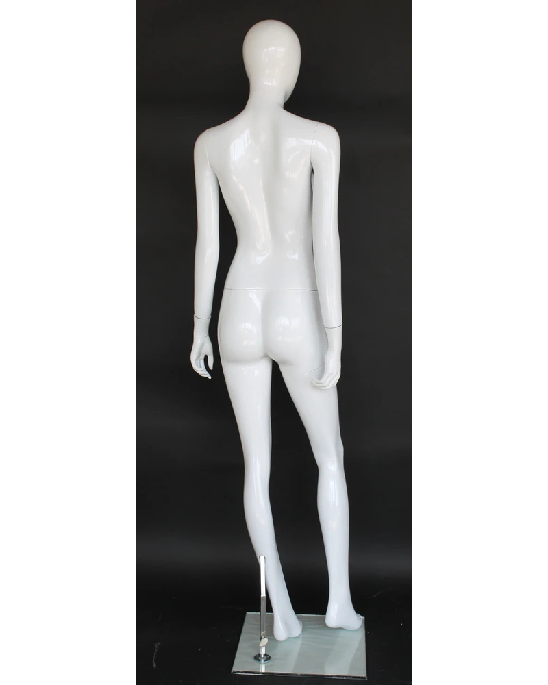 Side-lean crossed-leg egghead female mannequin in glossy white