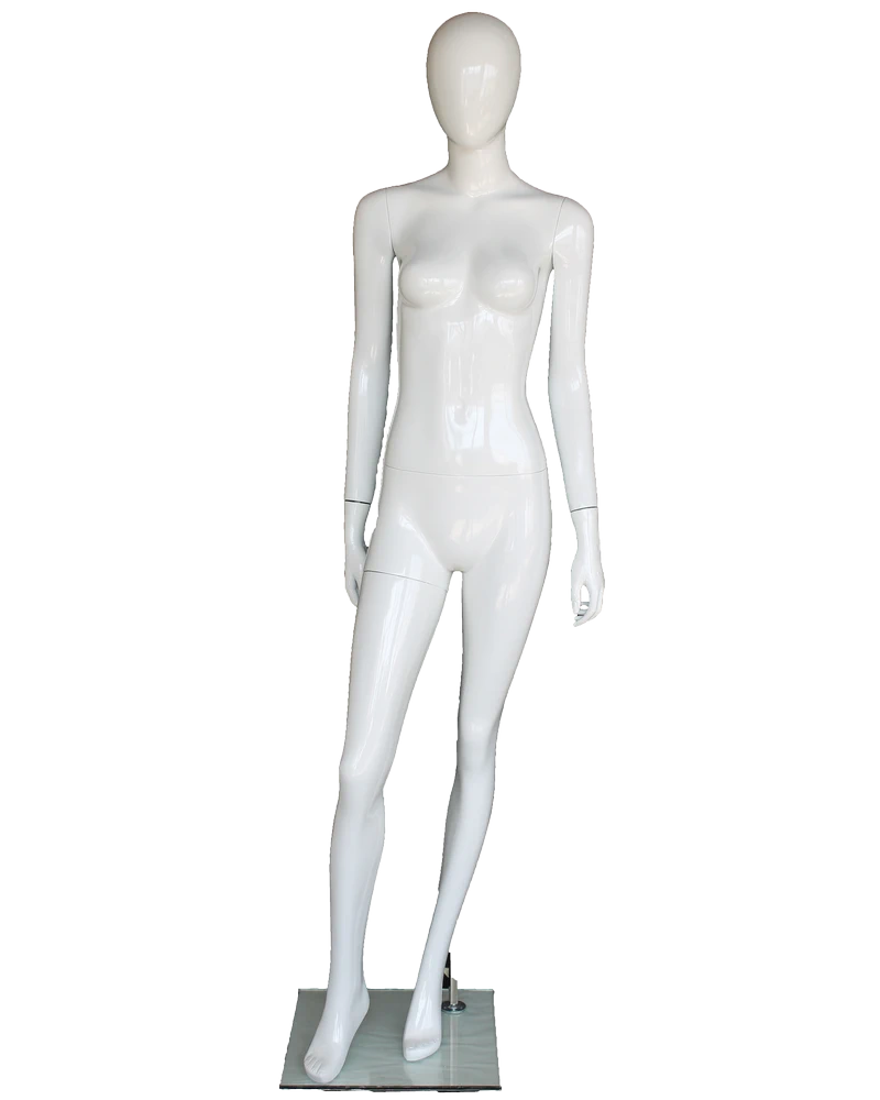 Side-lean crossed-leg egghead female mannequin in glossy white, front view