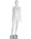 Side-lean crossed-leg egghead female mannequin in glossy white, front view