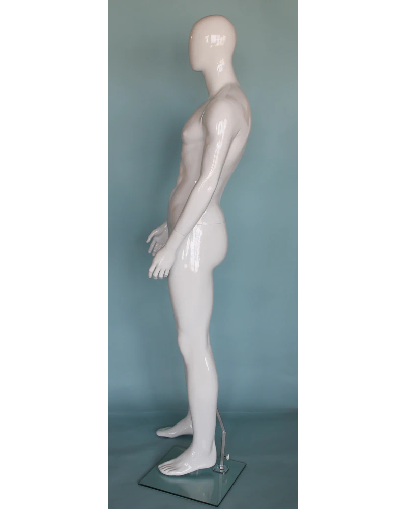 Muscular straight-standing egghead male mannequin in glossy white, SFM51E-GW