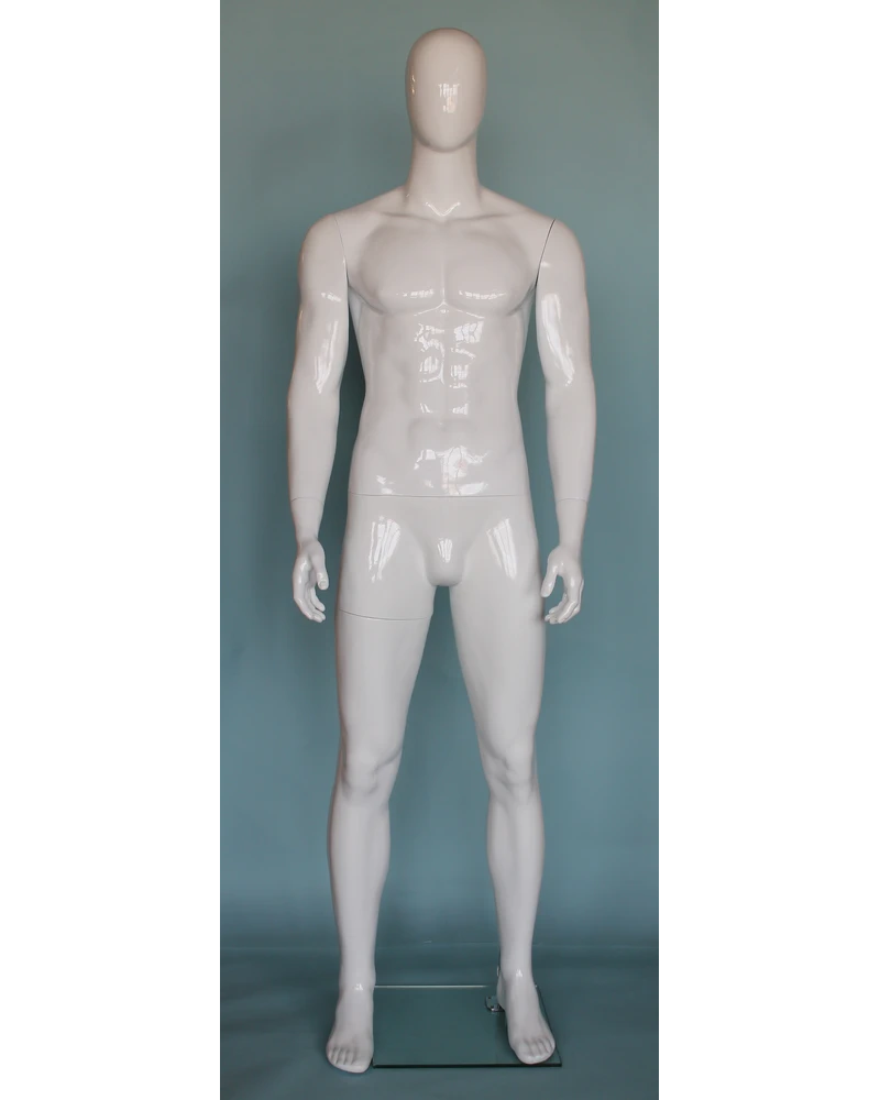 Muscular straight-standing egghead male mannequin in glossy white, SFM51E-GW