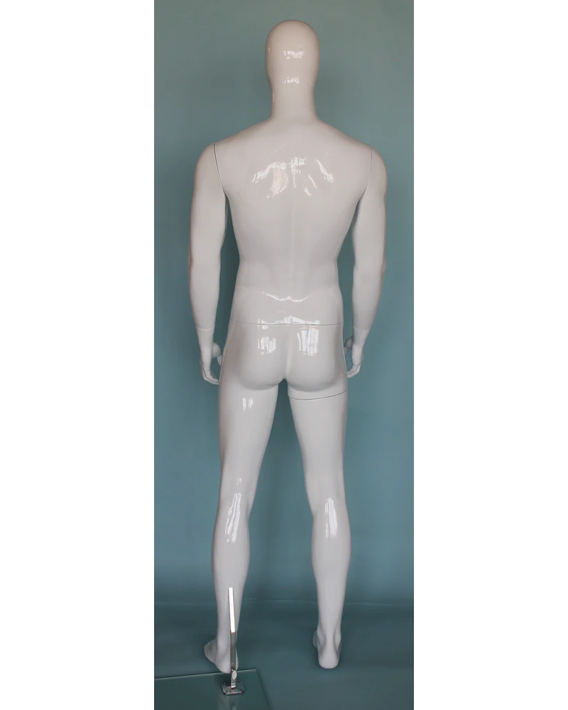 Muscular straight-standing egghead male mannequin in glossy white, SFM51E-GW