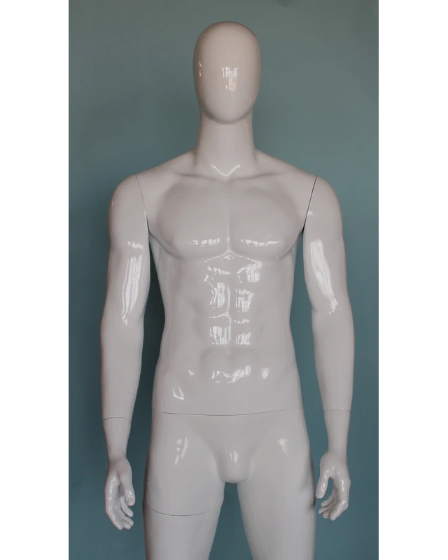 Muscular straight-standing egghead male mannequin in glossy white, SFM51E-GW