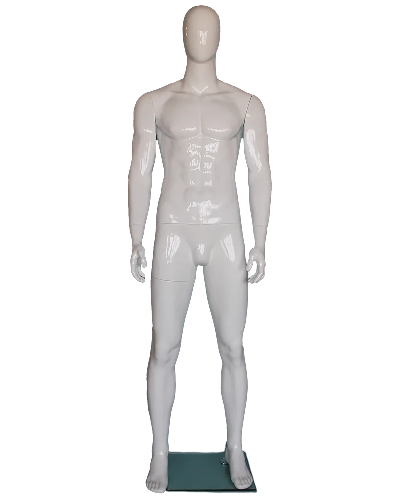 Muscular straight-standing egghead male mannequin in glossy white, SFM51E-GW