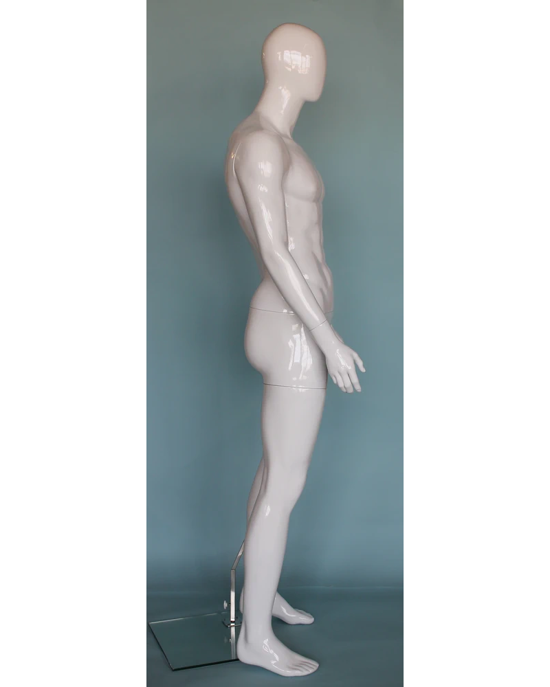 Muscular straight-standing egghead male mannequin in glossy white, SFM51E-GW