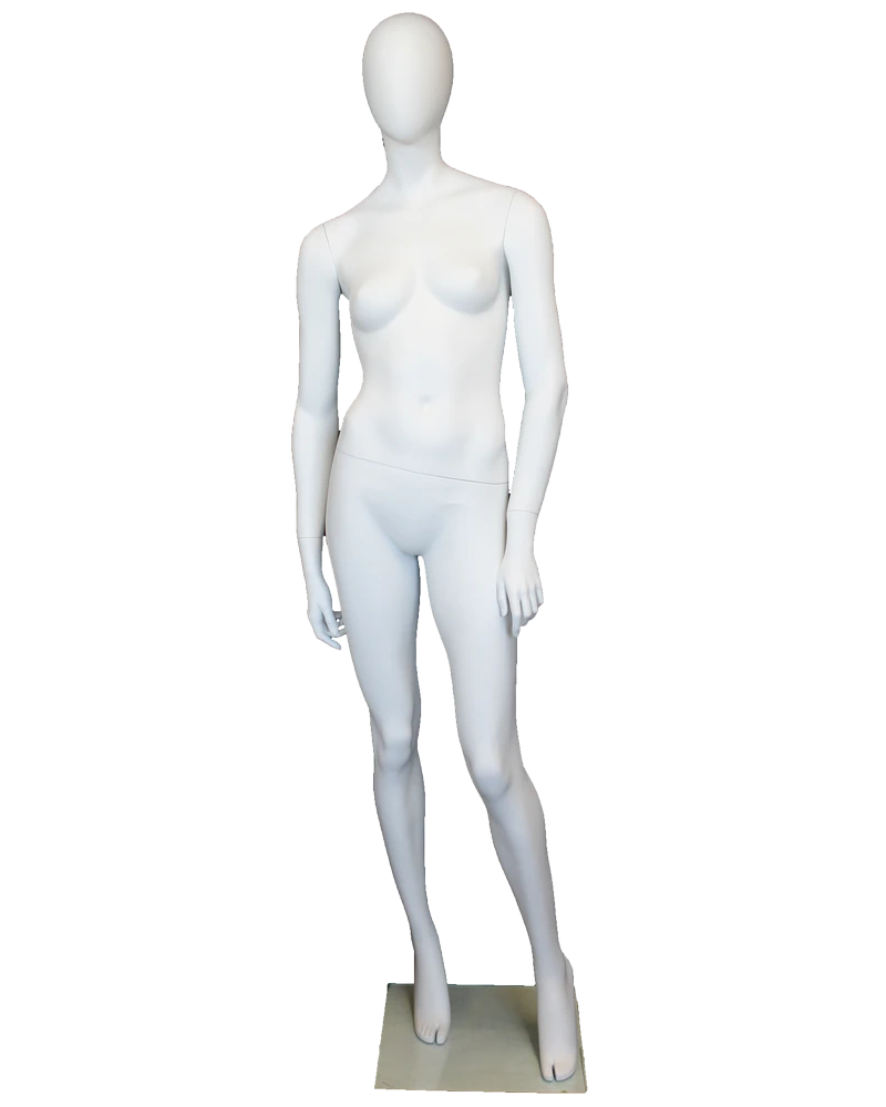 Contrapposto egghead female mannequin in matte white, front view