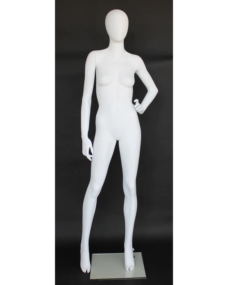 Hand-on-hip wide-stride egghead female mannequin in matte white