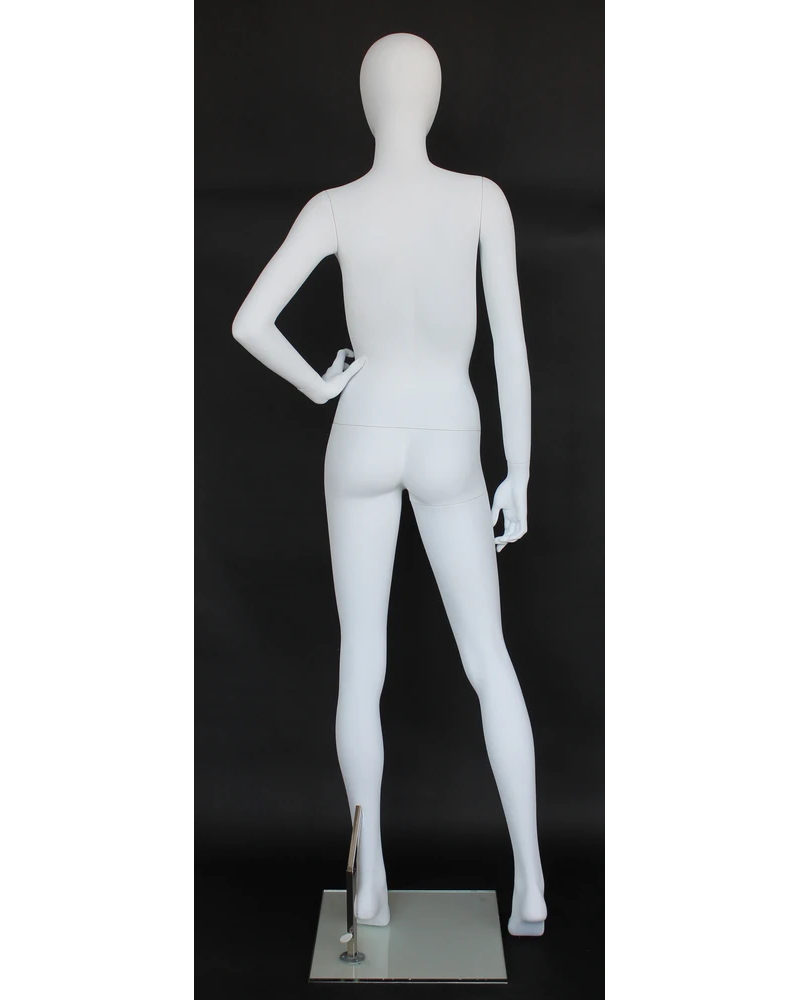 Hand-on-hip wide-stride egghead female mannequin in matte white