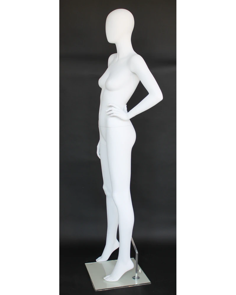 Hand-on-hip wide-stride egghead female mannequin in matte white