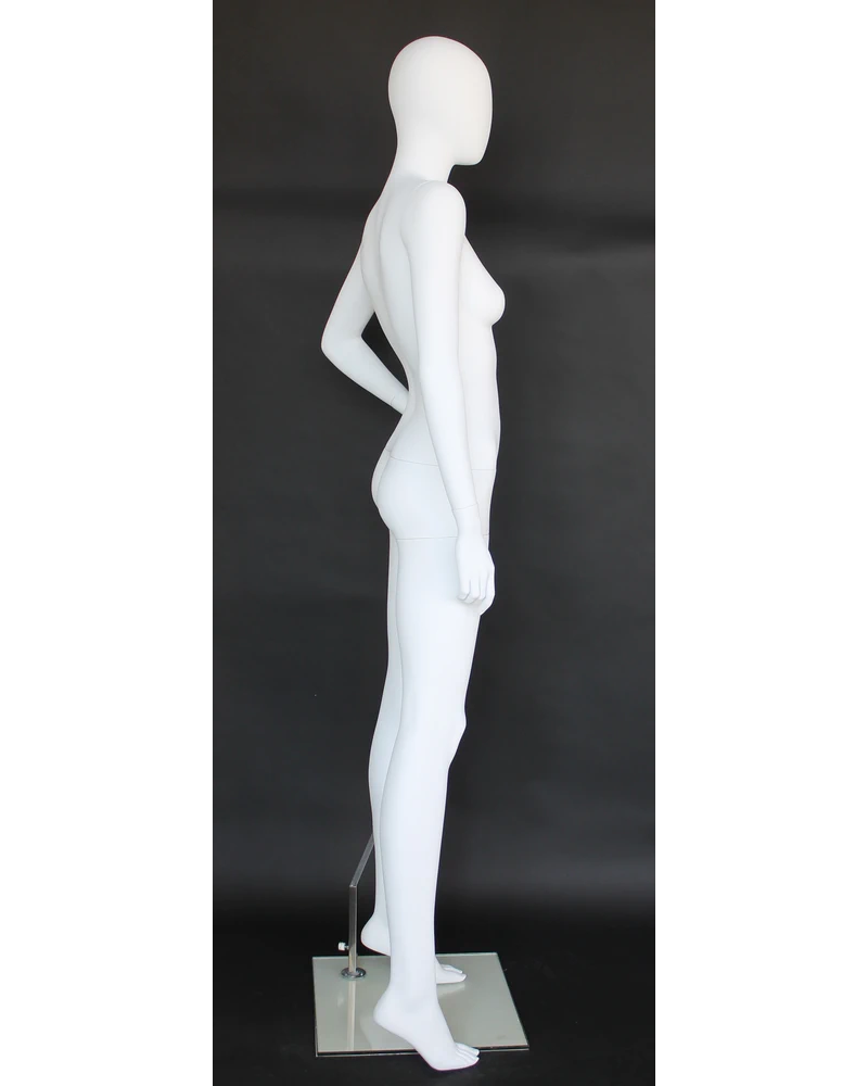Hand-on-hip wide-stride egghead female mannequin in matte white