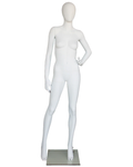 Hand-on-hip wide-stride egghead female mannequin in matte white, front view