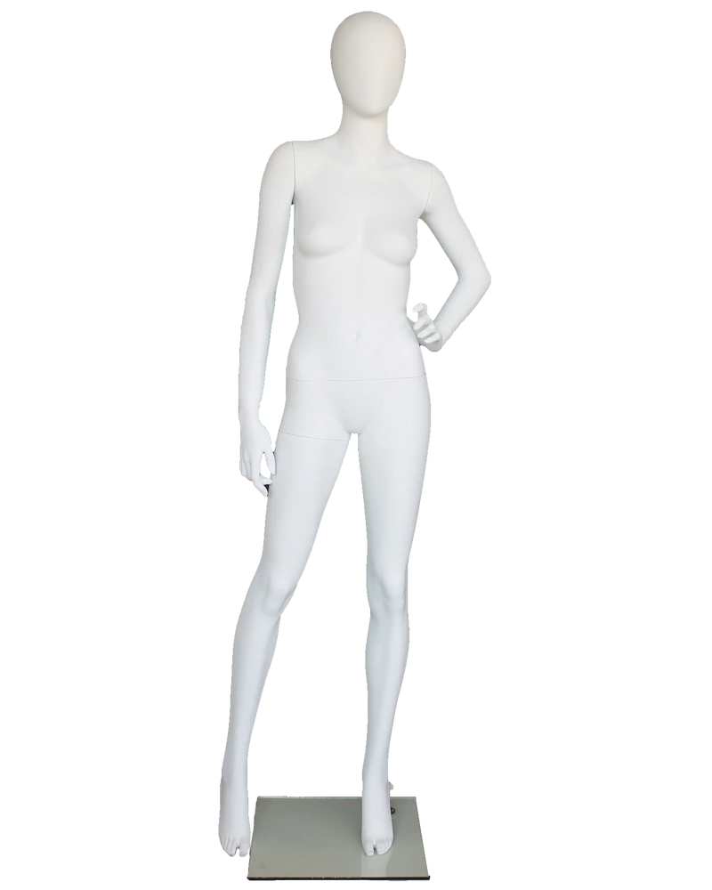 Hand-on-hip wide-stride egghead female mannequin in matte white, front view