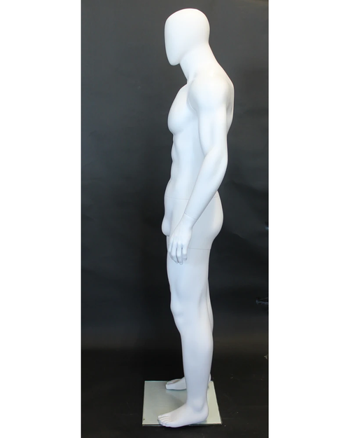 Athletic arms-at-sides egghead male mannequin in matte white, SFM53E-WT