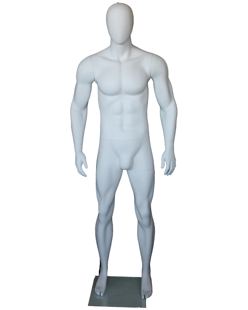 Athletic arms-at-sides egghead male mannequin in matte white, SFM53E-WT