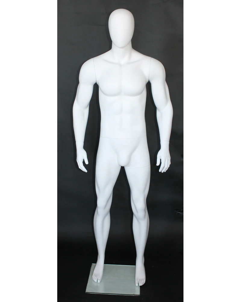 Athletic arms-at-sides egghead male mannequin in matte white, SFM53E-WT