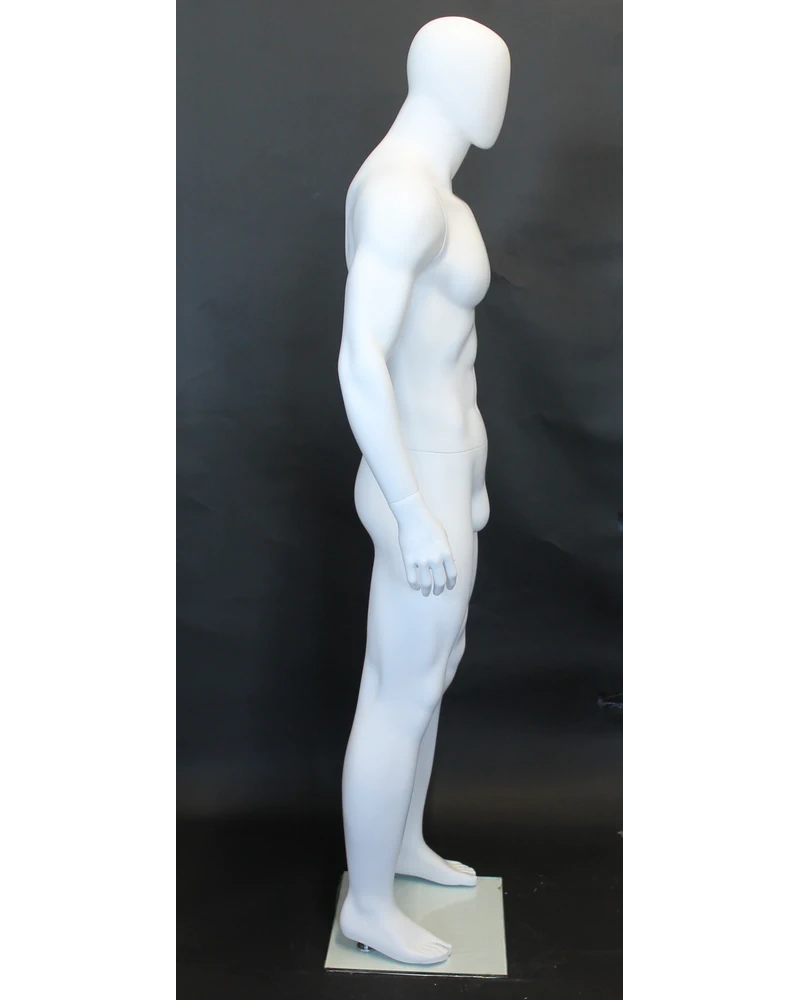 Athletic arms-at-sides egghead male mannequin in matte white, SFM53E-WT