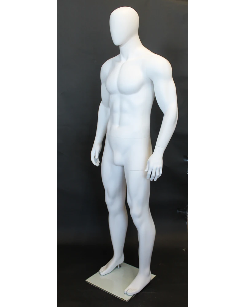 Athletic arms-at-sides egghead male mannequin in matte white, SFM53E-WT
