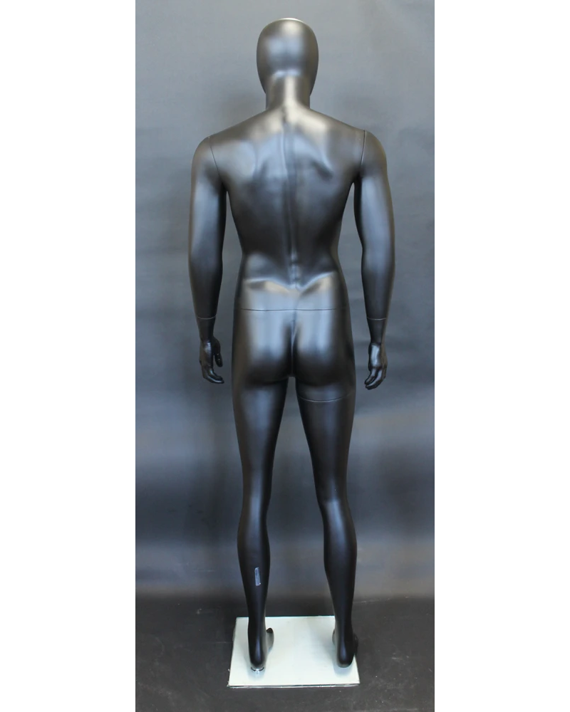 Muscular arms-at-sides egghead male mannequin in matte black, SFM29E-BK