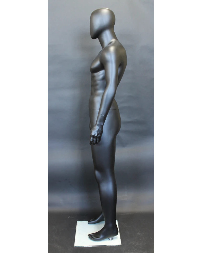 Muscular arms-at-sides egghead male mannequin in matte black, SFM29E-BK