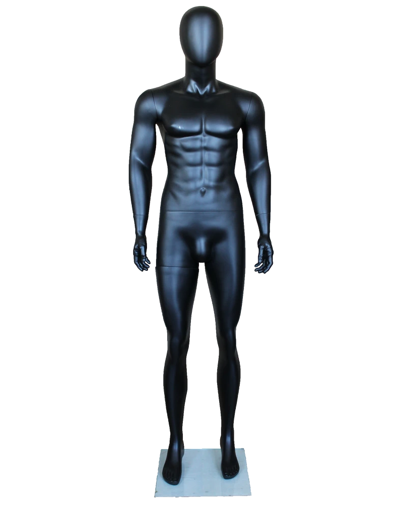 Muscular arms-at-sides egghead male mannequin in matte black, SFM29E-BK