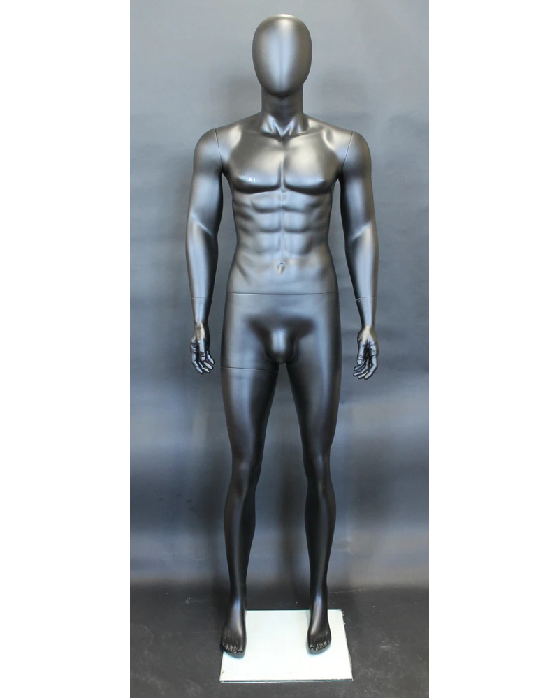 Muscular arms-at-sides egghead male mannequin in matte black, SFM29E-BK