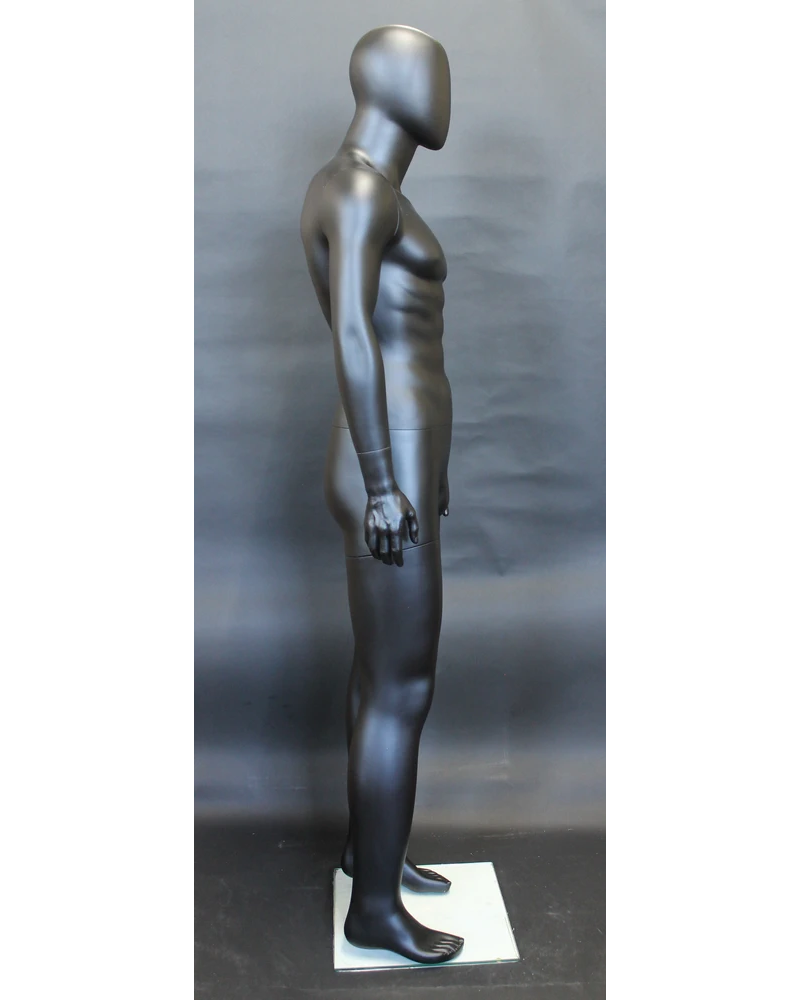 Muscular arms-at-sides egghead male mannequin in matte black, SFM29E-BK