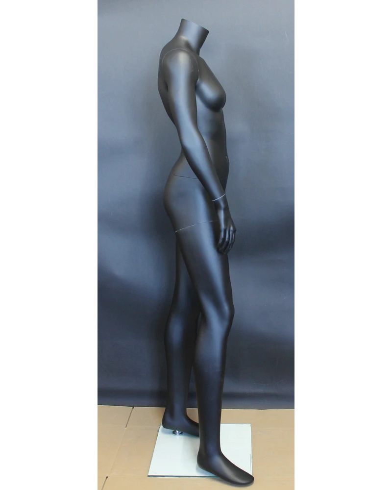 Arms-at-sides athletic headless female mannequin in matte black, STB-2FH-MB
