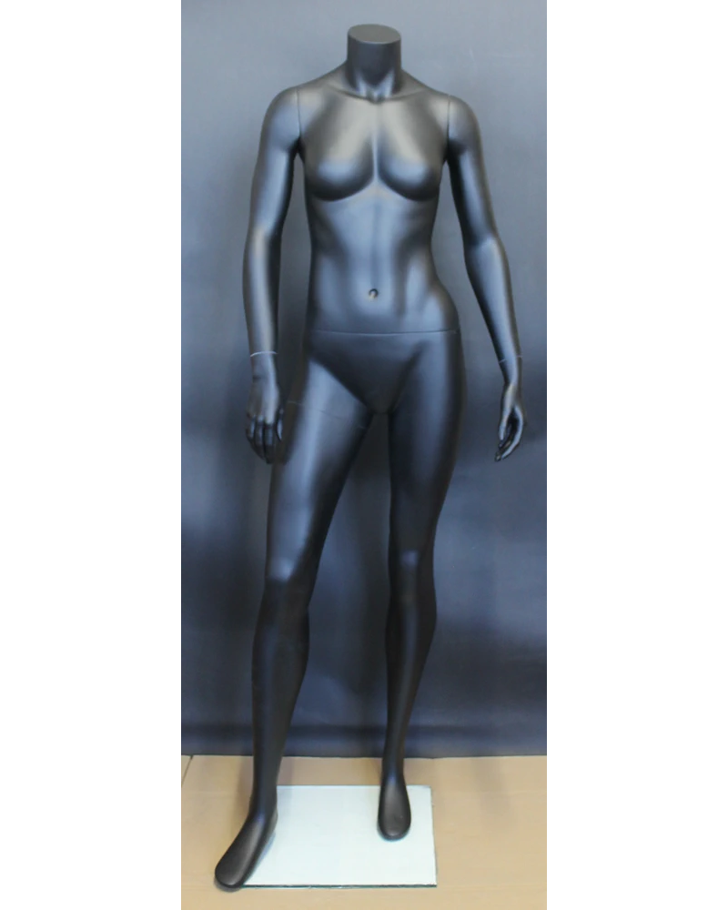 Arms-at-sides athletic headless female mannequin in matte black, STB-2FH-MB