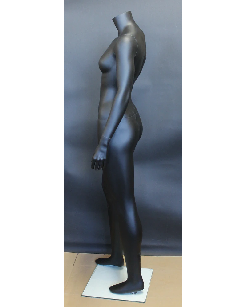 Arms-at-sides athletic headless female mannequin in matte black, STB-2FH-MB