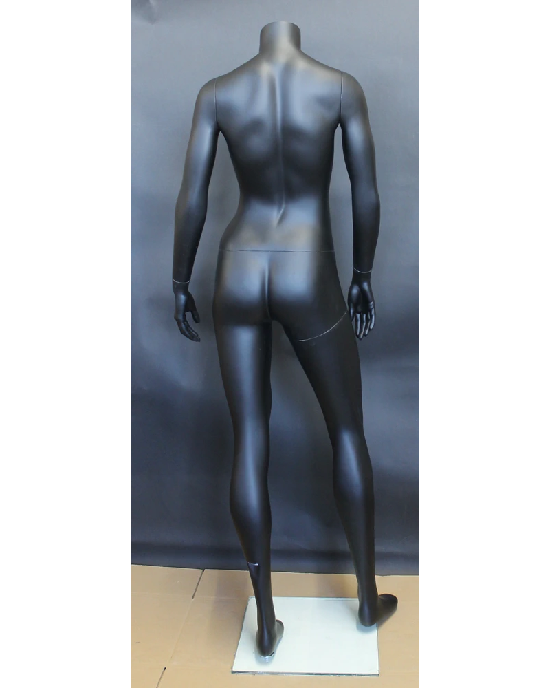 Arms-at-sides athletic headless female mannequin in matte black, STB-2FH-MB