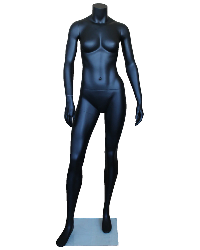 Arms-at-sides athletic headless female mannequin in matte black, STB-2FH-MB