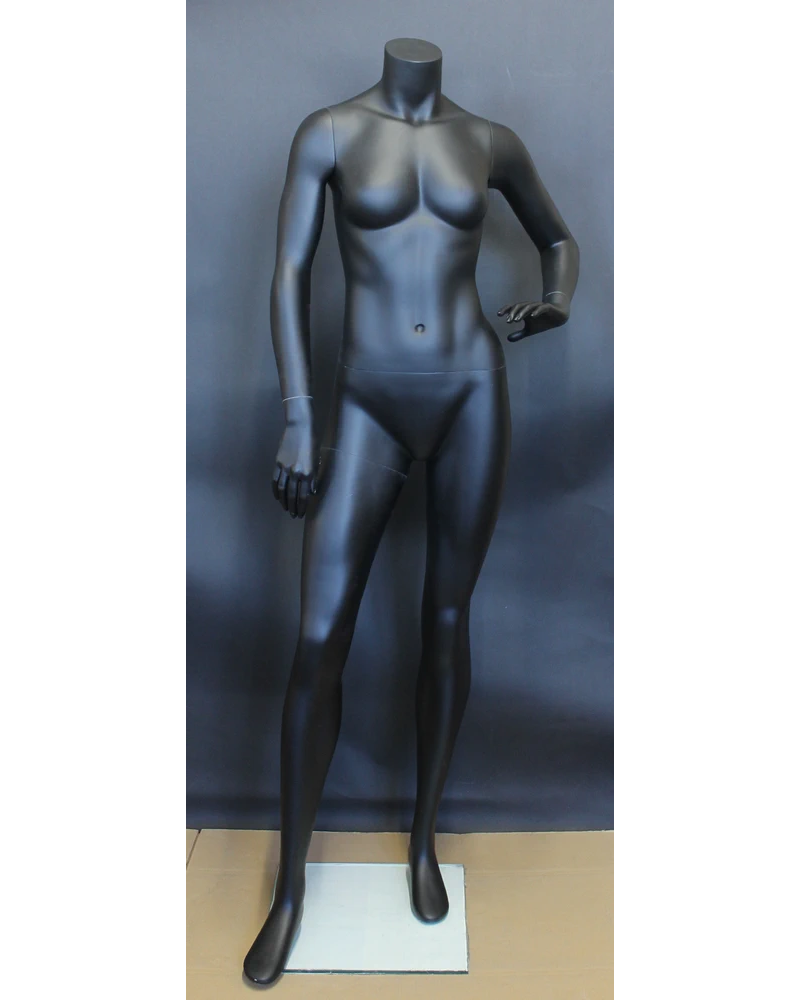 Left-hand-on-waist athletic headless female mannequin in matte black, STB-3FH-MB
