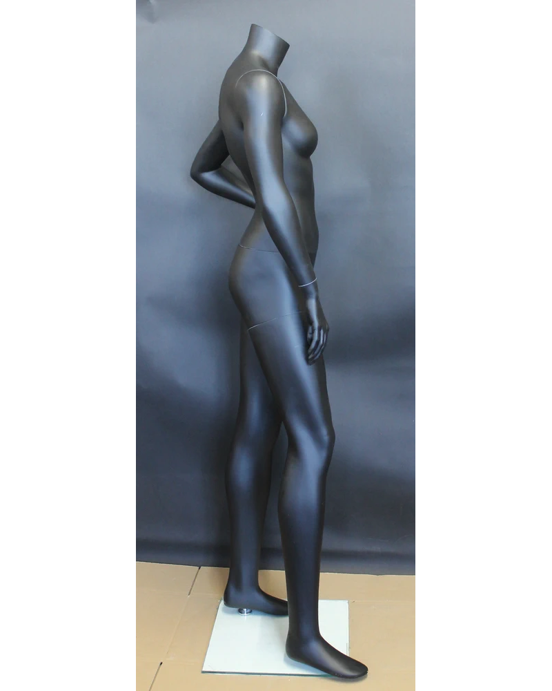 Left-hand-on-waist athletic headless female mannequin in matte black, STB-3FH-MB
