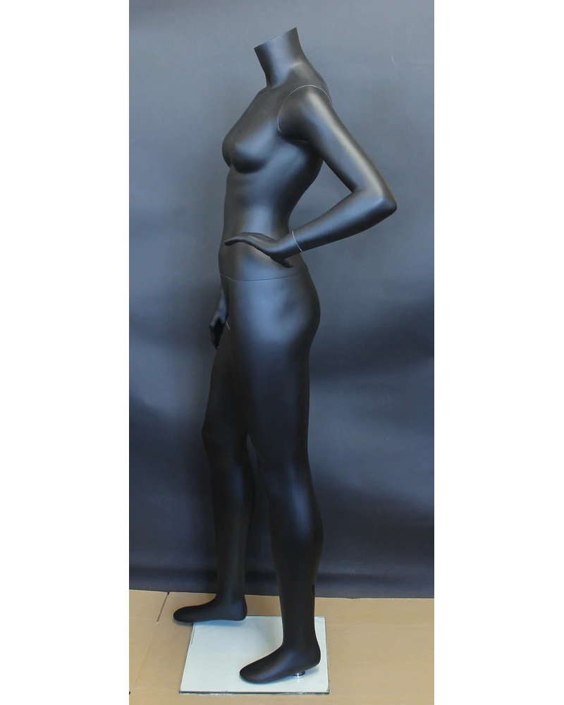 Left-hand-on-waist athletic headless female mannequin in matte black, STB-3FH-MB