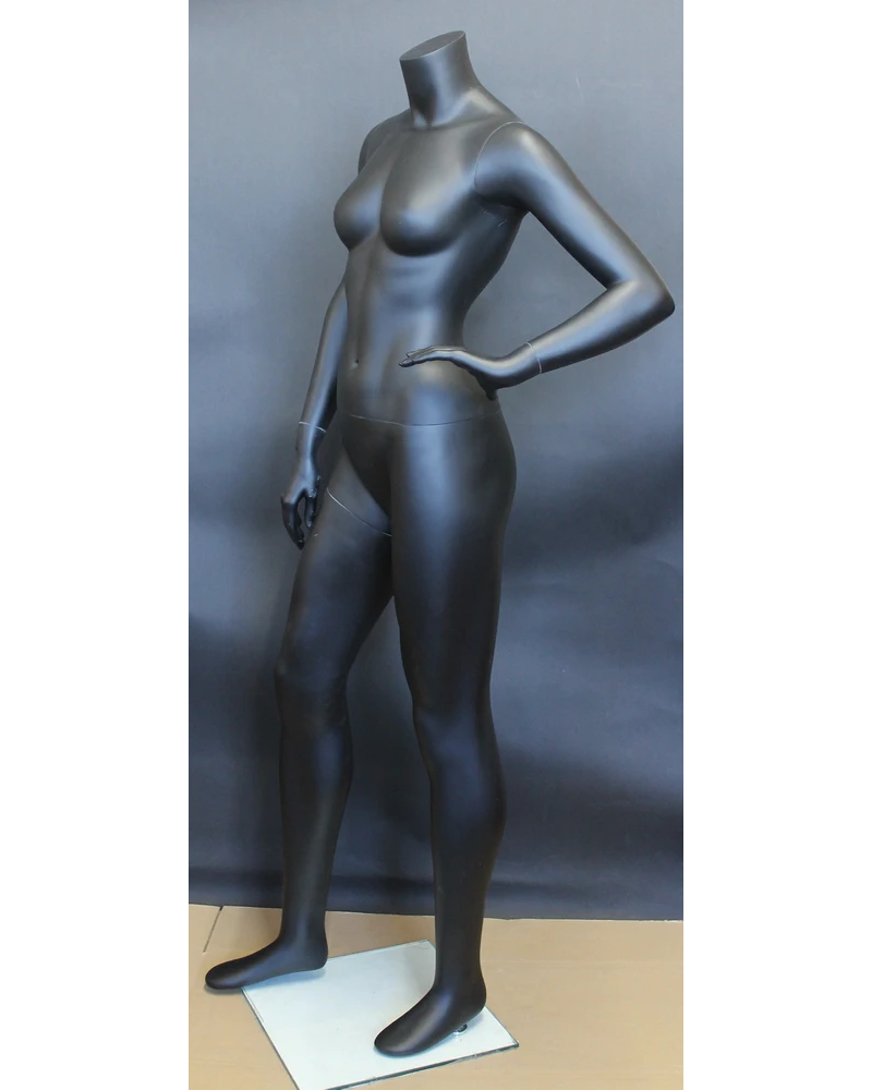 Left-hand-on-waist athletic headless female mannequin in matte black, STB-3FH-MB