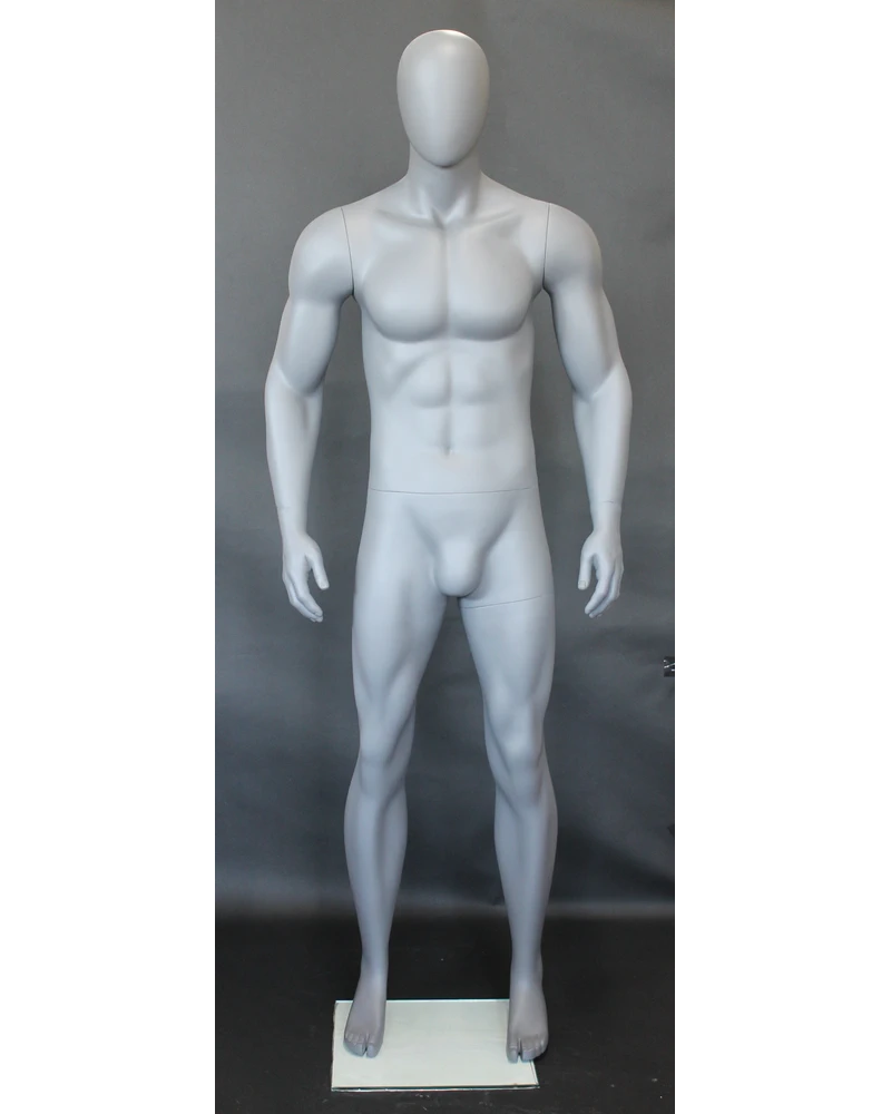 Athletic arms-at-sides egghead male mannequin in matte grey, SFM53E-GR