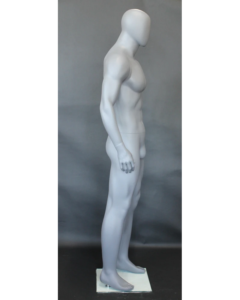 Athletic arms-at-sides egghead male mannequin in matte grey, SFM53E-GR