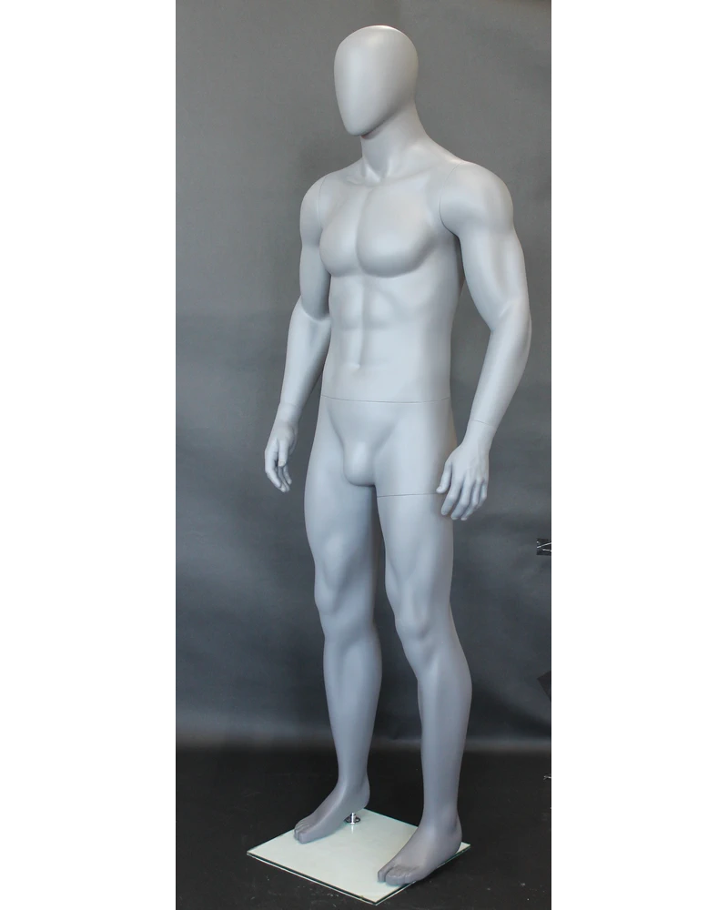 Athletic arms-at-sides egghead male mannequin in matte grey, SFM53E-GR