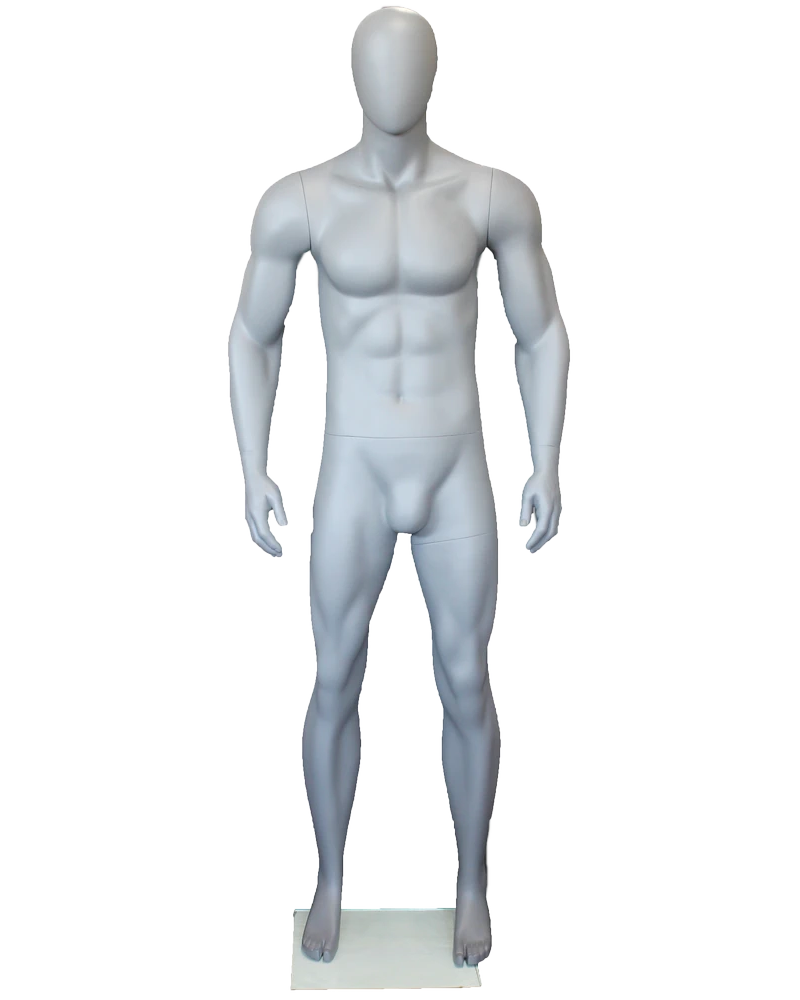 Athletic arms-at-sides egghead male mannequin in matte grey, SFM53E-GR